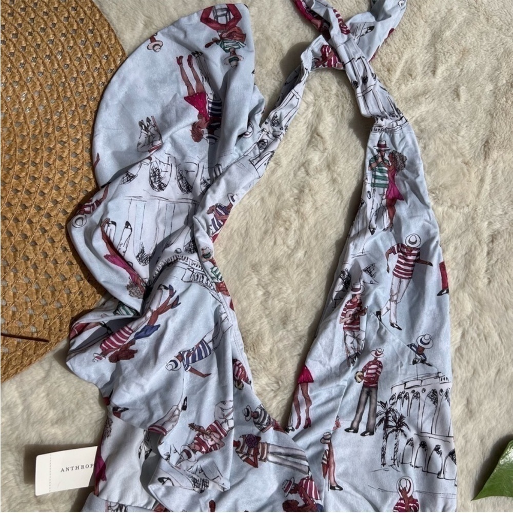 PatBO Rio Print Ruffle Deep V One Piece Swimsuit NWT Brazil Anthro Large - Picture 4 of 12
